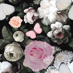 Bomuldsjersey - med smukke roser og sommerfugle Gots